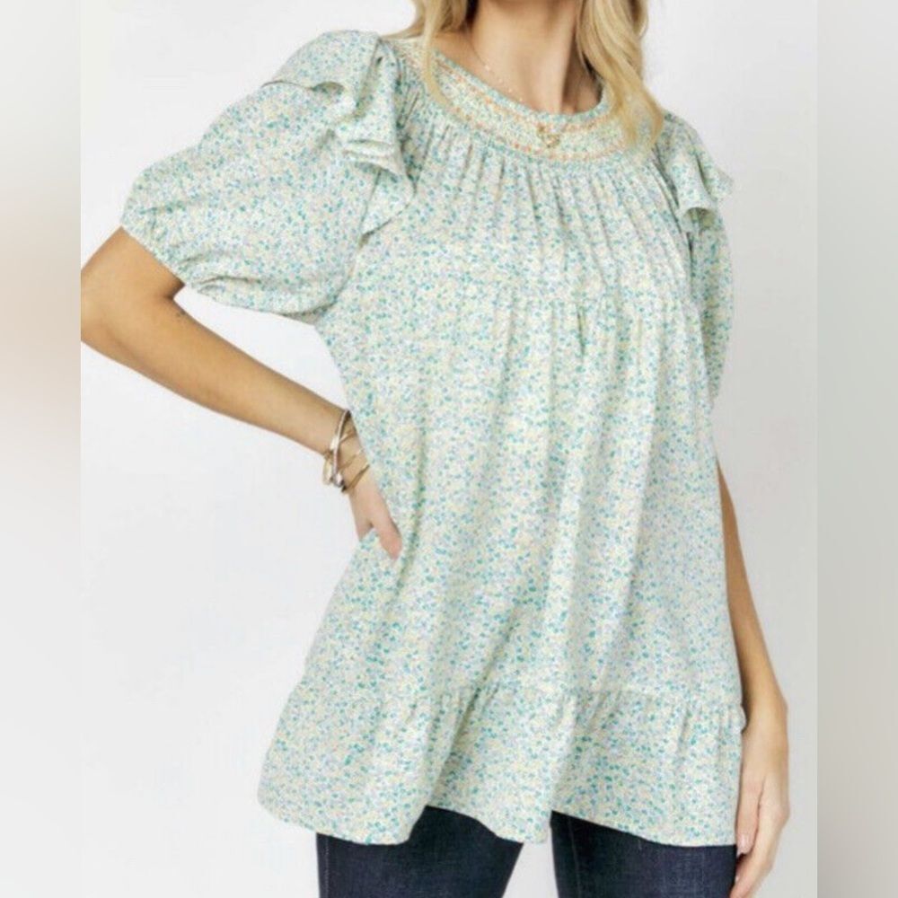 DAVI & DANI Green Smocked Casual Dress